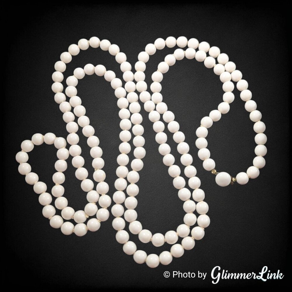 Vintage Japan White Bead Necklace 54.5" – Knotted Resin Beads – 1950s Jewelry